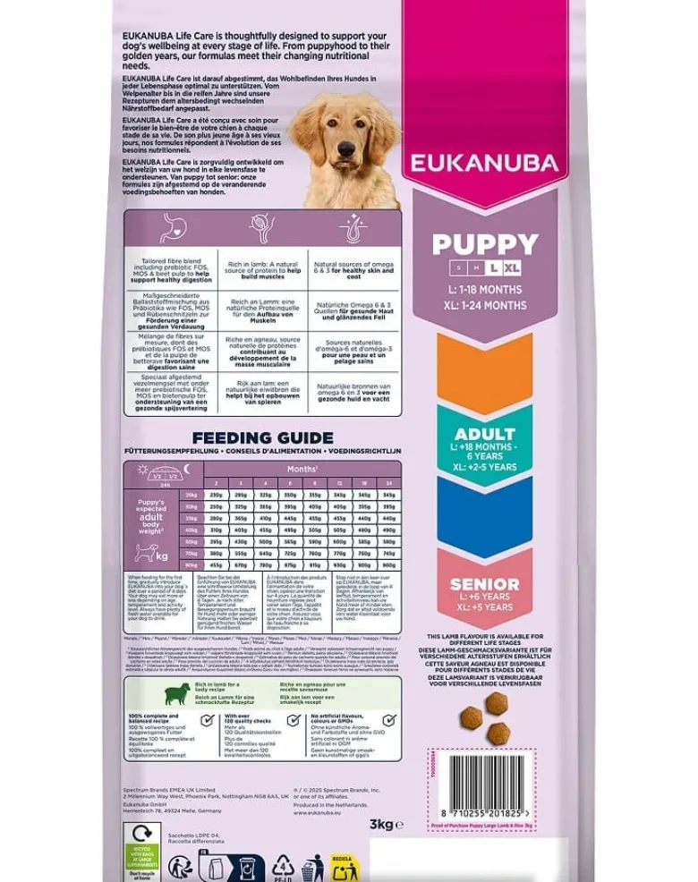 EUKANUBA Puppy Large Breeds Lamb Rice 3 kg cibo secco per cuccioli di razze grandi ricco di agnello e riso