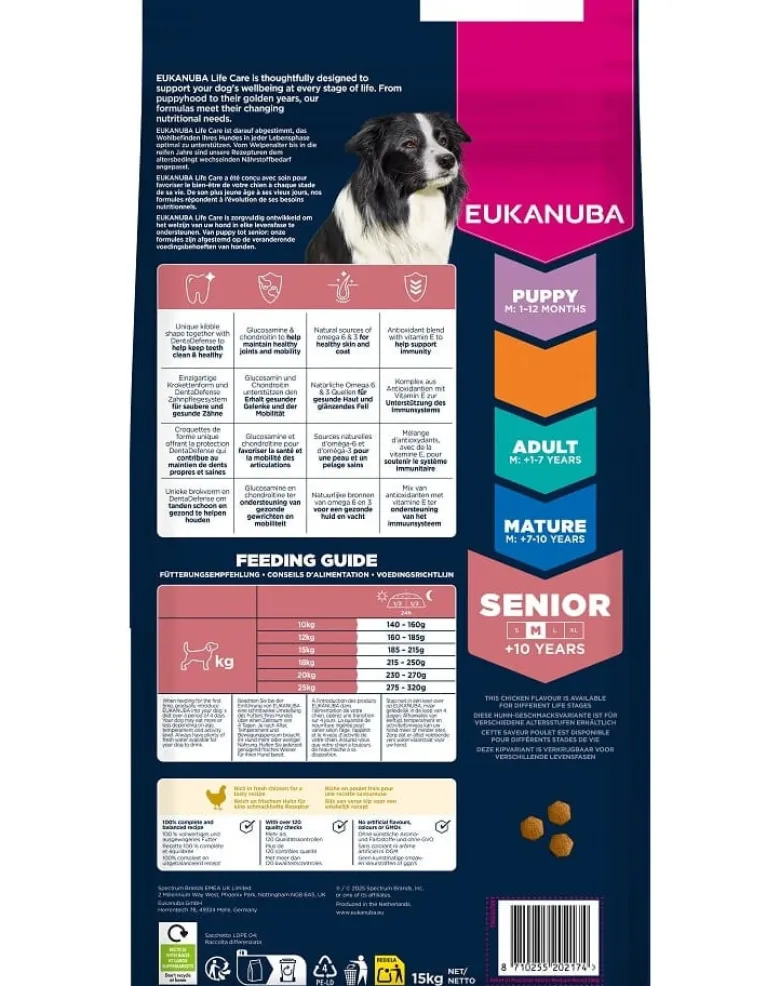 EUKANUBA Senior Medium Breeds Chicken 15 kg cibo secco per cani anziani di razza media ricco di pollo fresco