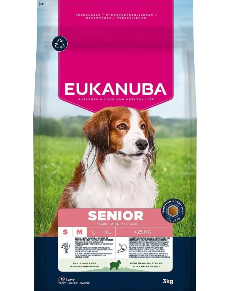 EUKANUBA Senior Small Medium Breeds Lamb Rice 3 kg cibo secco per cani anziani di piccole e medie razze ricco di agnello e riso