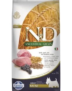 FARMINA N&D Ancestral Grain Dog Adult Mini Agnello & Mirtillo 7 kg alimento per cani di piccola taglia + FARMINA N&D Quinoa Dental Treat Flatulence Mini 60 g (7 pezzi) GRATIS!