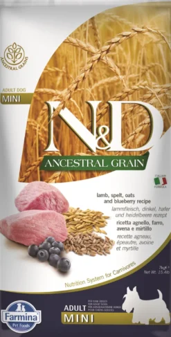 FARMINA N&D Ancestral Grain Dog Adult Mini Agnello & Mirtillo 7 kg alimento per cani di piccola taglia + FARMINA N&D Quinoa Dental Treat Flatulence Mini 60 g (7 pezzi) GRATIS!