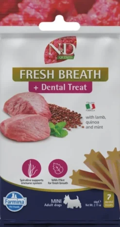 FARMINA N&D Ancestral Grain Dog Adult Mini Agnello & Mirtillo 2,5 kg alimento per cani di piccola taglia + FARMINA N&D Quinoa Dental Treat Fresh Breath Mini 60 g (7 pezzi) GRATIS!