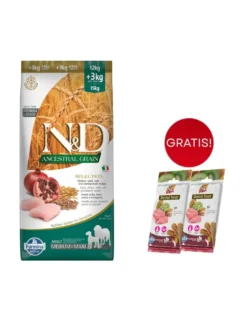 FARMINA N&D Ancestral Selection Dog Chicken & Pomegranate Adult Medium & Maxi 15 kg + 3 x FARMINA N&D Tropical Selection Dental Treat Pork Medium/Maxi 100 g GRATIS!