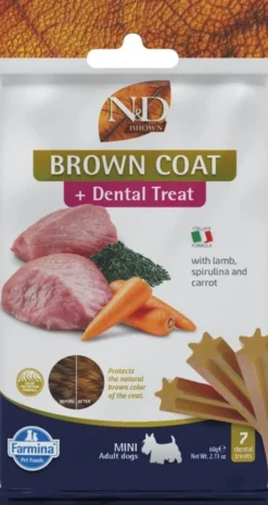 FARMINA N&D Brown Dog Adult Mini Agnello, Spirulina, Carota 5 kg + FARMINA N&D Brown Dental Treat Coat Agnello Mini 60 g (7 pezzi) GRATIS!