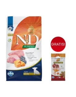 FARMINA N&D GF Pumpkin Lamb & Blueberry Puppy Mini 2,5 kg per cuccioli di piccola taglia + FARMINA N&D Pumpkin Dental Treat Chicken & Pomegranate Mini 60 g (7 pezzi) GRATIS!