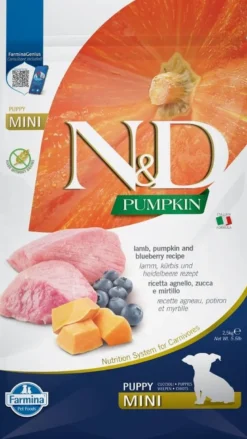 FARMINA N&D GF Pumpkin Lamb & Blueberry Puppy Mini 2,5 kg per cuccioli di piccola taglia + FARMINA N&D Pumpkin Dental Treat Chicken & Pomegranate Mini 60 g (7 pezzi) GRATIS!