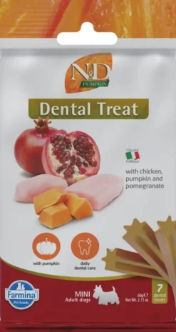 FARMINA N&D GF Pumpkin Lamb & Blueberry Puppy Mini 2,5 kg per cuccioli di piccola taglia + FARMINA N&D Pumpkin Dental Treat Chicken & Pomegranate Mini 60 g (7 pezzi) GRATIS!