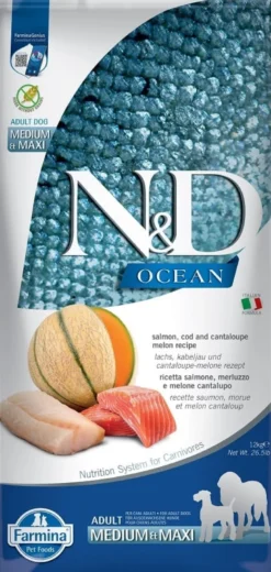 FARMINA N&D Ocean Dog Adult Medium & Maxi 12 kg salmone, merluzzo, zucca, melone cantalupo + 2 x FARMINA N&D Quinoa Dental Treat Weight Management Medium/Maxi GRATIS!