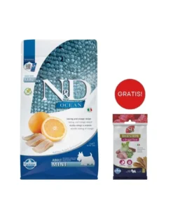 FARMINA N&D Ocean Dog Adult Mini aringa e arancia 2,5 kg per cani di piccola taglia + FARMINA N&D Quinoa Dental Treat Digestion Mini 60 g (7 pezzi) GRATIS!