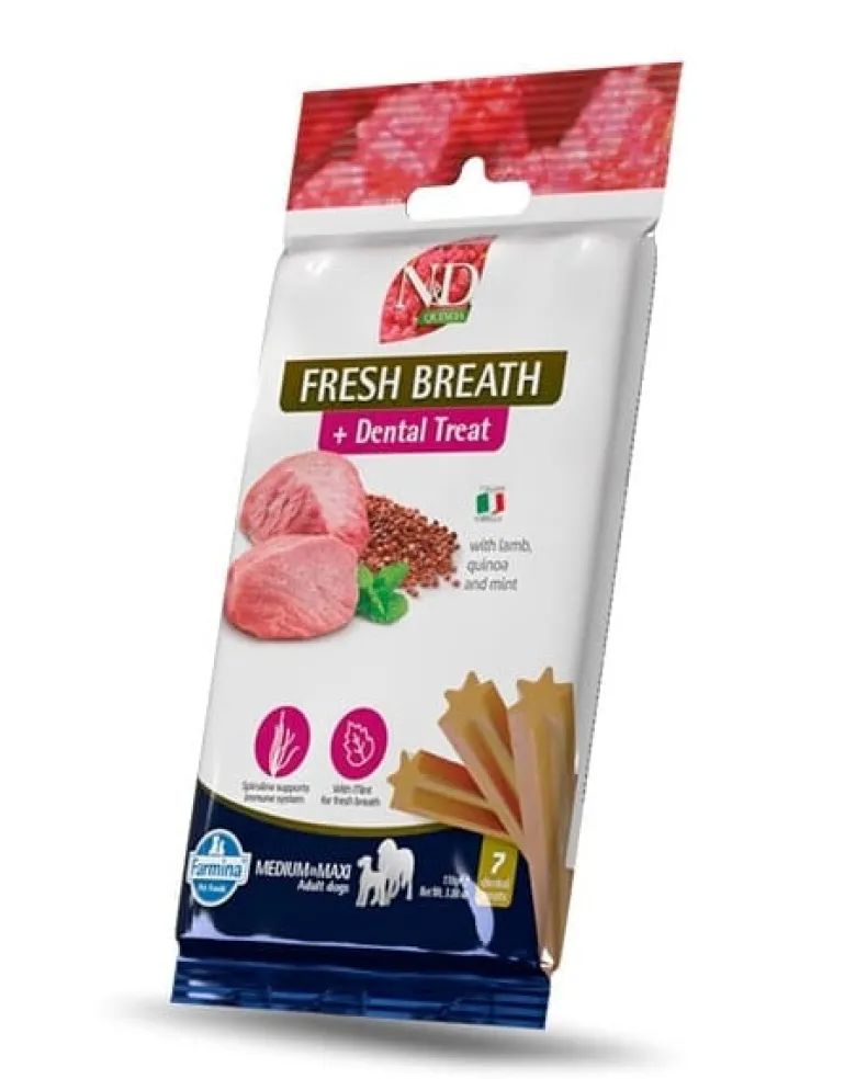 FARMINA N&D Prime Dog Adult Medium & Maxi Chicken & Pomegranate 12 kg + 2 x FARMINA N&D Quinoa Dental Treat Fresh Breath Medium/Maxi 100 g (7 pezzi) GRATIS!
