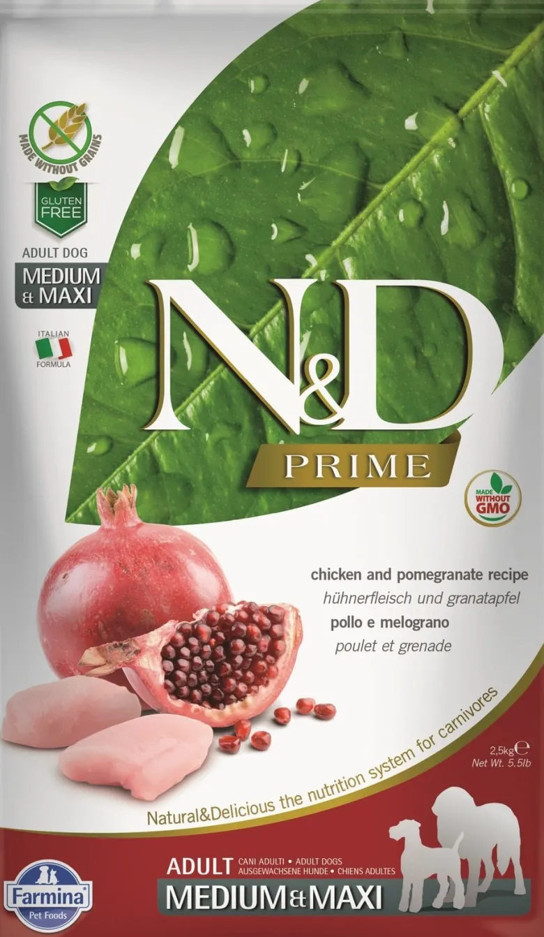 FARMINA N&D Prime Dog Adult Medium & Maxi Chicken & Pomegranate 12 kg + 2 x FARMINA N&D Quinoa Dental Treat Fresh Breath Medium/Maxi 100 g (7 pezzi) GRATIS!