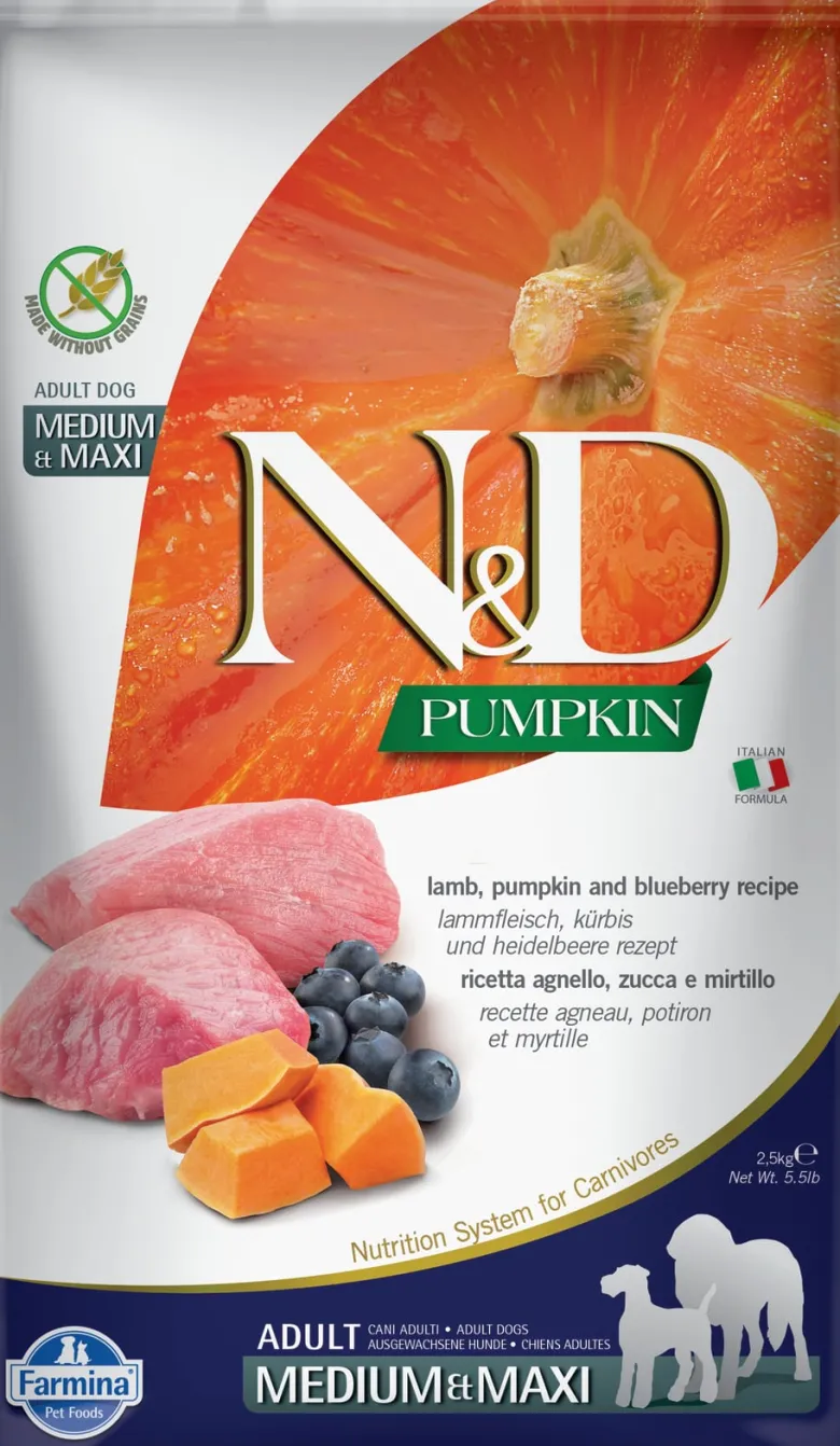 FARMINA N&D Pumpkin Lamb & Blueberry Adult Medium & Maxi 12 kg alimento per cani adulti di taglia media e grande + 3 x FARMINA N&D Pumpkin Dental Treat Chicken & Pomegranate Medium/Maxi 100 g (7 pezzi) GRATIS!