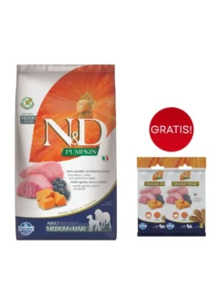 FARMINA N&D Pumpkin Lamb & Blueberry Adult Medium & Maxi 12 kg alimento per cani adulti di taglia media e grande + 3 x FARMINA N&D Pumpkin Dental Treat Lamb & Blueberry Mini 60 g (7 pezzi) GRATIS!
