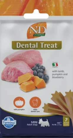 FARMINA N&D Pumpkin Lamb & Blueberry Adult Medium & Maxi 12 kg alimento per cani adulti di taglia media e grande + 3 x FARMINA N&D Pumpkin Dental Treat Lamb & Blueberry Mini 60 g (7 pezzi) GRATIS!
