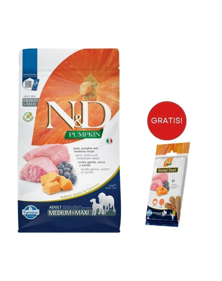 FARMINA N&D Pumpkin Lamb & Blueberry Adult Medium & Maxi 2,5 kg + FARMINA N&D Pumpkin Dental Treat Lamb & Blueberry Medium/Maxi 100 g (7 pezzi) GRATIS!
