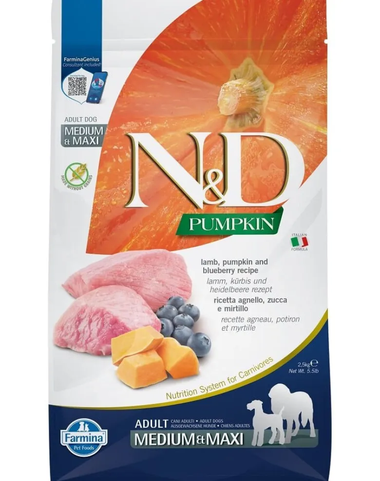 FARMINA N&D Pumpkin Lamb & Blueberry Adult Medium & Maxi 2,5 kg + FARMINA N&D Pumpkin Dental Treat Lamb & Blueberry Medium/Maxi 100 g (7 pezzi) GRATIS!