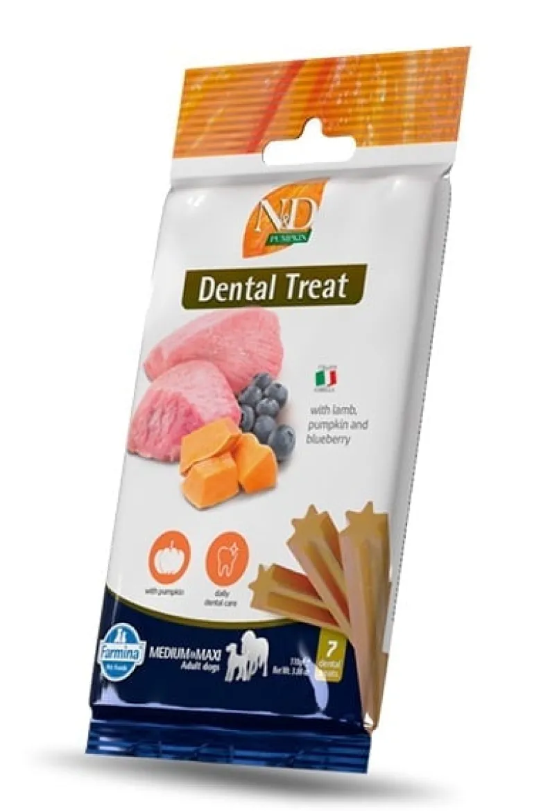 FARMINA N&D Pumpkin Lamb & Blueberry Adult Medium & Maxi 2,5 kg + FARMINA N&D Pumpkin Dental Treat Lamb & Blueberry Medium/Maxi 100 g (7 pezzi) GRATIS!