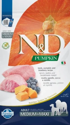 FARMINA N&D Pumpkin Lamb & Blueberry Adult Medium & Maxi 2,5 kg + FARMINA N&D Pumpkin Dental Treat Lamb & Blueberry Medium/Maxi 100 g (7 pezzi) GRATIS!
