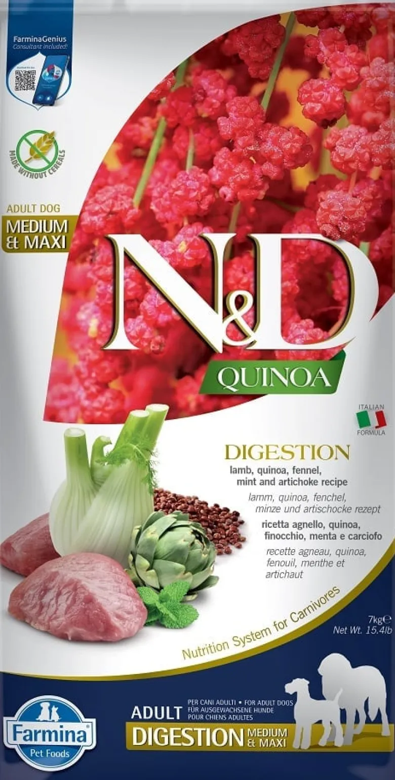 FARMINA N&D Quinoa Dog Adult Medium & Maxi Digestion Agnello & Finocchio 7 kg + FARMINA N&D Quinoa Dental Treat Digestion Medium/Maxi GRATIS!
