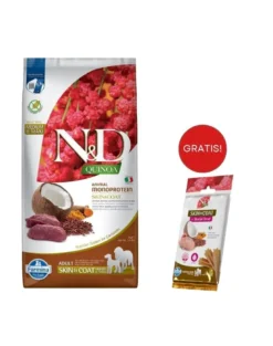 FARMINA N&D Quinoa Dog Adult Medium & Maxi Skin & Coat Cervo & Cocco 7 kg + FARMINA N&D Quinoa Dental Treat Skin Coat Quail Medium/Maxi 100 g (7 pezzi) GRATIS!