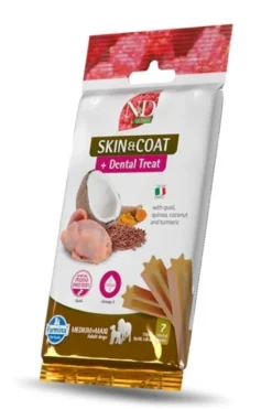 FARMINA N&D Quinoa Dog Adult Medium & Maxi Skin & Coat Cervo & Cocco 7 kg + FARMINA N&D Quinoa Dental Treat Skin Coat Quail Medium/Maxi 100 g (7 pezzi) GRATIS!