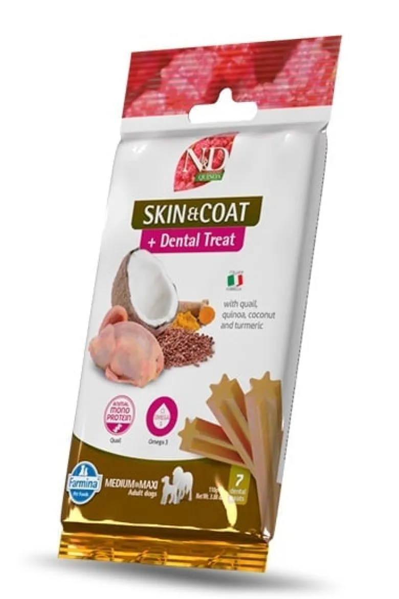 FARMINA N&D Quinoa Dog Adult Medium & Maxi Skin & Coat Cervo & Cocco 7 kg + FARMINA N&D Quinoa Dental Treat Skin Coat Quail Medium/Maxi 100 g (7 pezzi) GRATIS!