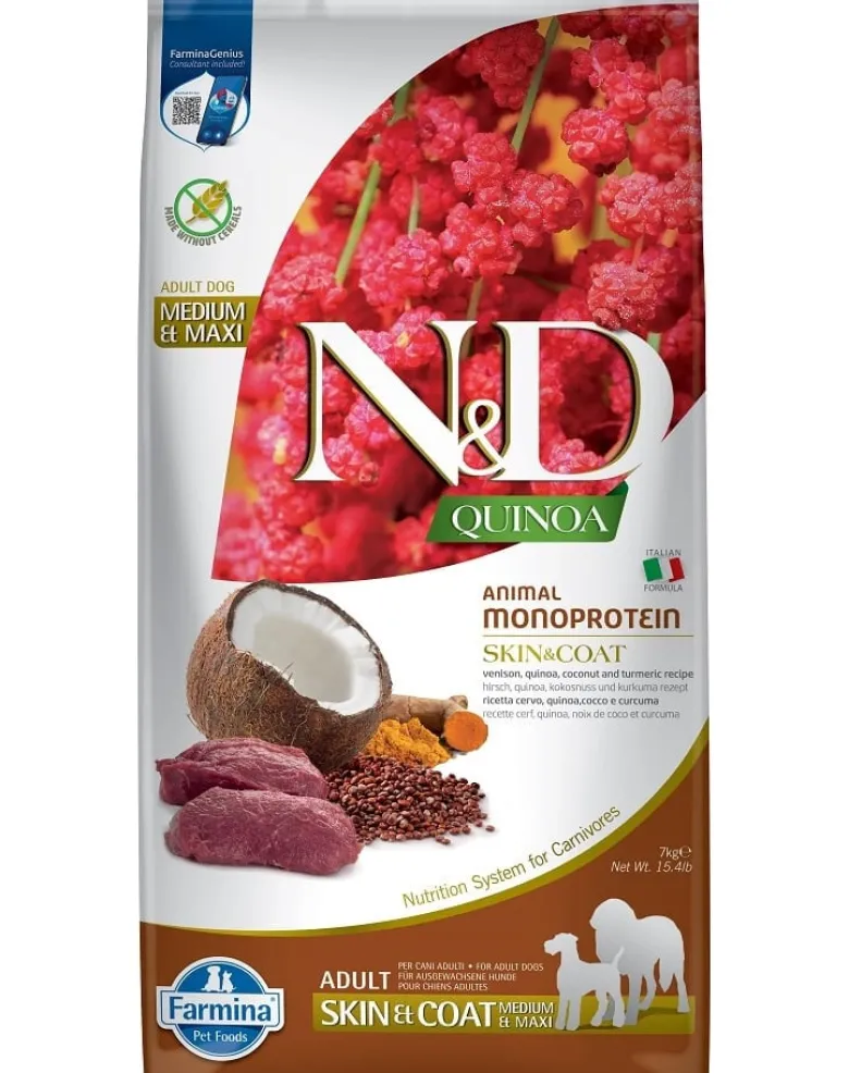 FARMINA N&D Quinoa Dog Adult Medium & Maxi Skin & Coat Cervo & Cocco 7 kg + FARMINA N&D Quinoa Dental Treat Skin Coat Duck Medium/Maxi 100 g (7 pezzi) GRATIS!