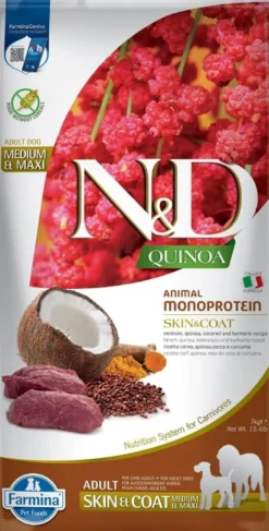 FARMINA N&D Quinoa Dog Adult Medium & Maxi Skin & Coat Cervo & Cocco 7 kg + FARMINA N&D Quinoa Dental Treat Skin Coat Duck Medium/Maxi 100 g (7 pezzi) GRATIS!
