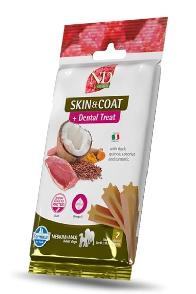 FARMINA N&D Quinoa Dog Adult Medium & Maxi Skin & Coat Cervo & Cocco 7 kg + FARMINA N&D Quinoa Dental Treat Skin Coat Duck Medium/Maxi 100 g (7 pezzi) GRATIS!