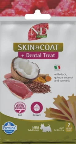 FARMINA N&D Quinoa Mini Skin and Coat 2,5 kg con anatra e cocco + FARMINA N&D Quinoa Dental Treat Skin Coat Duck Mini 60 g GRATIS!