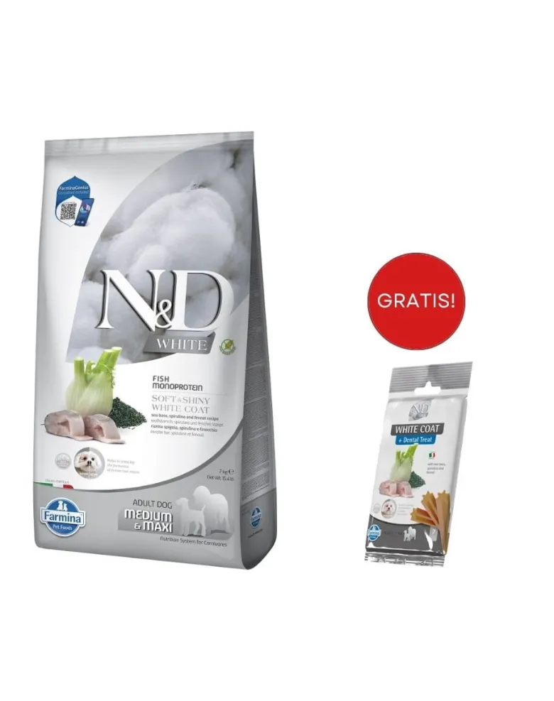 FARMINA N&D White Dog Adult Medium & Maxi Spigola, Spirulina, Finocchio 7 kg + FARMINA N&D White Dental Treat Coat Spigola Mini 60 g (7 pezzi) GRATIS!
