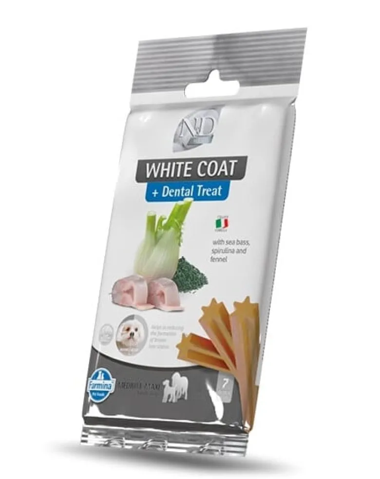 FARMINA N&D White Dog Adult Medium & Maxi Spigola, Spirulina, Finocchio 7 kg + FARMINA N&D White Dental Treat Coat Spigola Mini 60 g (7 pezzi) GRATIS!