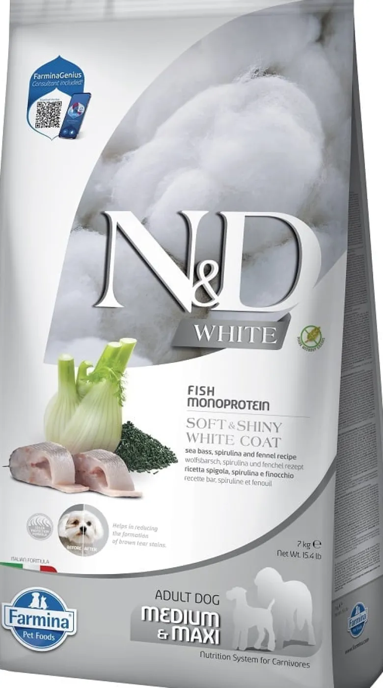 FARMINA N&D White Dog Adult Medium & Maxi Spigola, Spirulina, Finocchio 7 kg + FARMINA N&D White Dental Treat Coat Spigola Mini 60 g (7 pezzi) GRATIS!