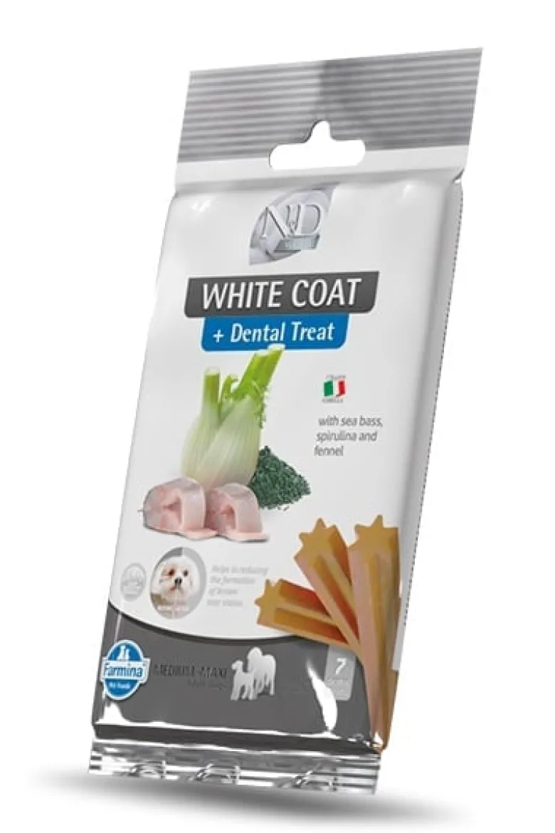 FARMINA N&D White Dog Adult Medium & Maxi Spigola, Spirulina, Finocchio 7 kg + FARMINA N&D White Dental Treat Coat Spigola Mini 60 g (7 pezzi) GRATIS!