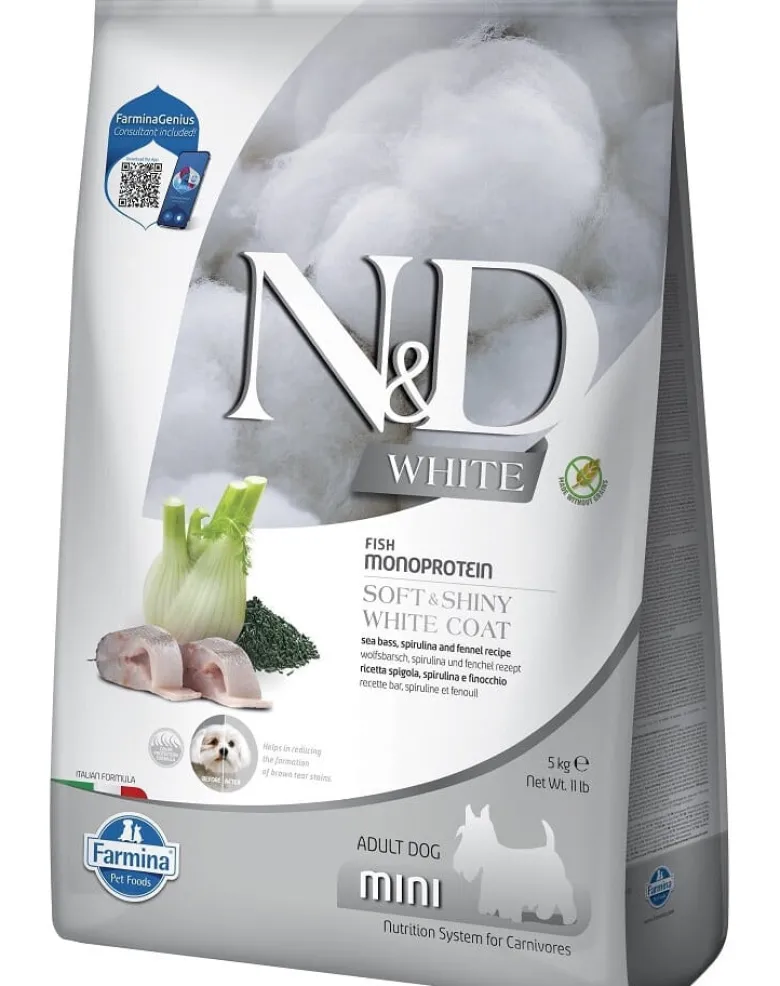 FARMINA N&D White Dog Adult Mini Sea Bass, Spirulina, Fennel 5 kg