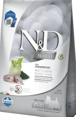 FARMINA N&D White Dog Adult Mini Spigola, Spirulina, Finocchio 5 kg + FARMINA N&D White Dental Treat Coat Spigola Mini 60 g (7 pezzi) GRATIS!