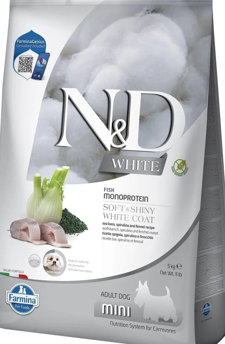 FARMINA N&D White Dog Adult Mini Spigola, Spirulina, Finocchio 5 kg + FARMINA N&D White Dental Treat Coat Spigola Mini 60 g (7 pezzi) GRATIS!