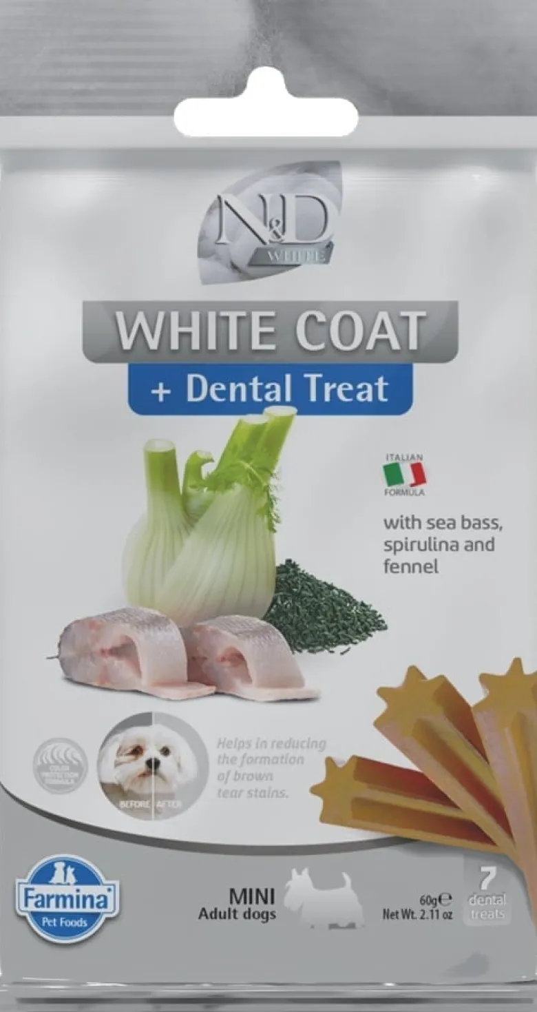 FARMINA N&D White Dog Adult Mini Spigola, Spirulina, Finocchio 5 kg + FARMINA N&D White Dental Treat Coat Spigola Mini 60 g (7 pezzi) GRATIS!