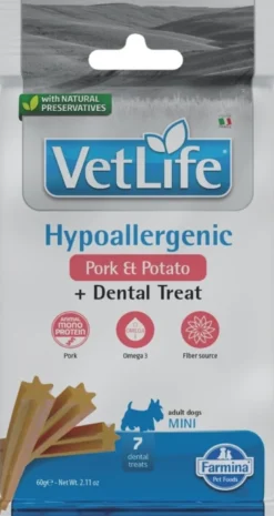FARMINA Vet Life Hypoallergenic Fish & Potato 2kg alimenti per cani allergici + FARMINA Vet Life Dental Treat Hypoallergenic Pork Mini 60 g (7 pezzi) GRATIS!