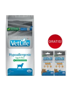 FARMINA Vet Life Hypoallergenic Uova e Riso per cani 12kg mangime secco per cani con allergie + 2 confezioni di FARMINA Vet Life Dental Treat Hypoallergenic Pesce Mini 60 g (7 pezzi) GRATIS!