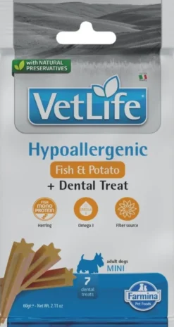 FARMINA Vet Life Hypoallergenic Uova e Riso per cani 12kg mangime secco per cani con allergie + 2 confezioni di FARMINA Vet Life Dental Treat Hypoallergenic Pesce Mini 60 g (7 pezzi) GRATIS!
