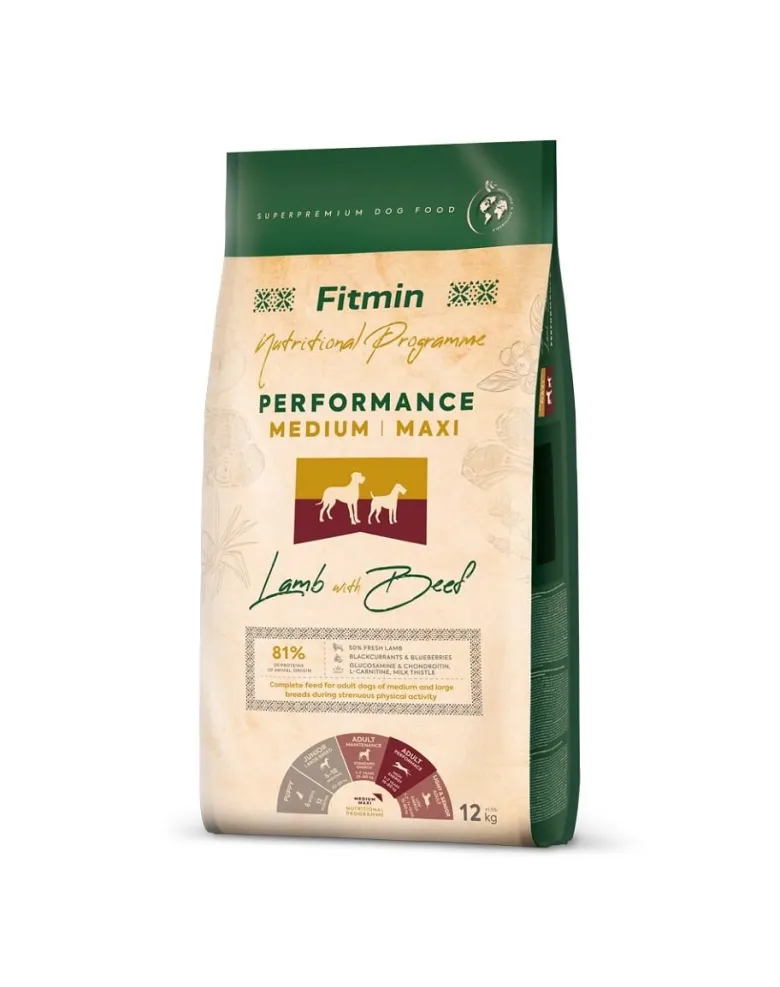 FITMIN Dog Nutritional Programme Medium Maxi Performance Lamb&Beef 12 kg per cuccioli di razze medie e grandi