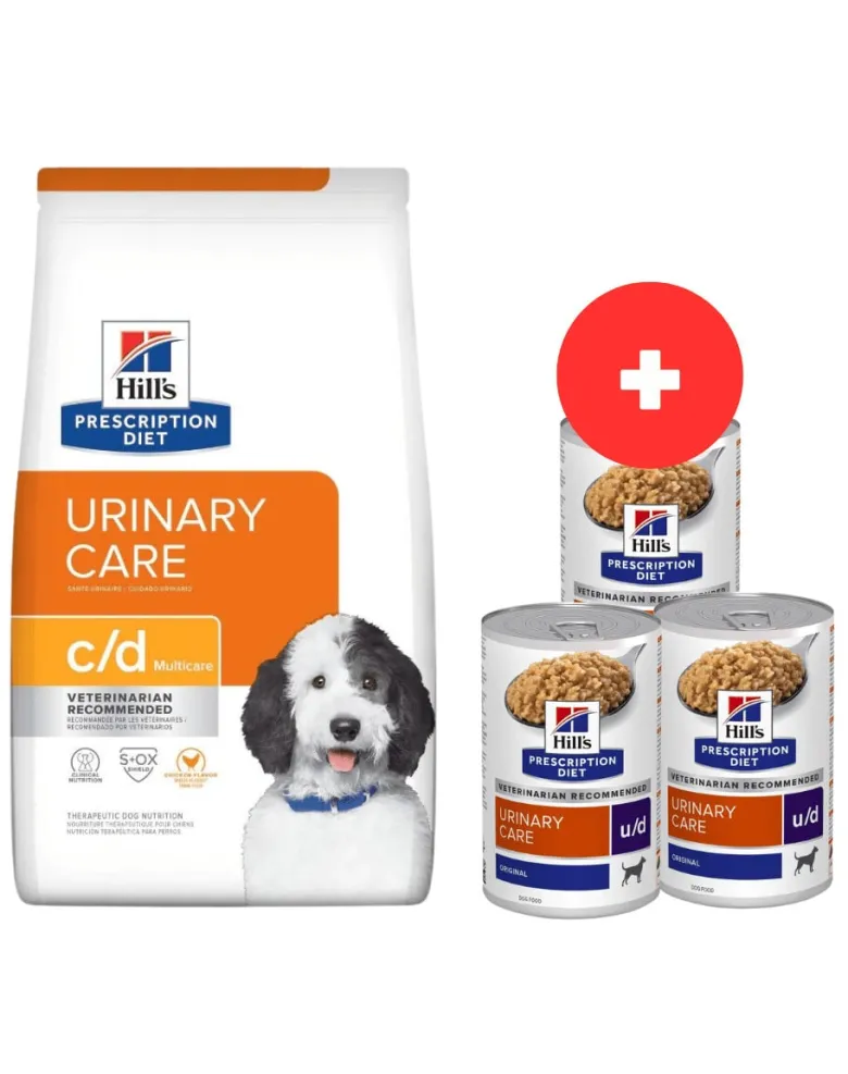 HILL'S Prescription Diet Canine c/d Multicare Chicken 12 kg per cani con problemi alle vie urinarie + 3 scatolette x 370g GRATIS