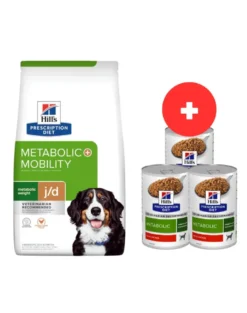 HILL'S Prescription Diet Canine Metabolic + Mobility 12kg per cani in sovrappeso + 3 scatolette x 370g GRATIS