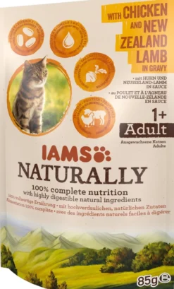 IAMS Naturally Chicken and Lamb in Gravy con pollo e agnello in salsa 3 x 85 g + 1 GRATIS