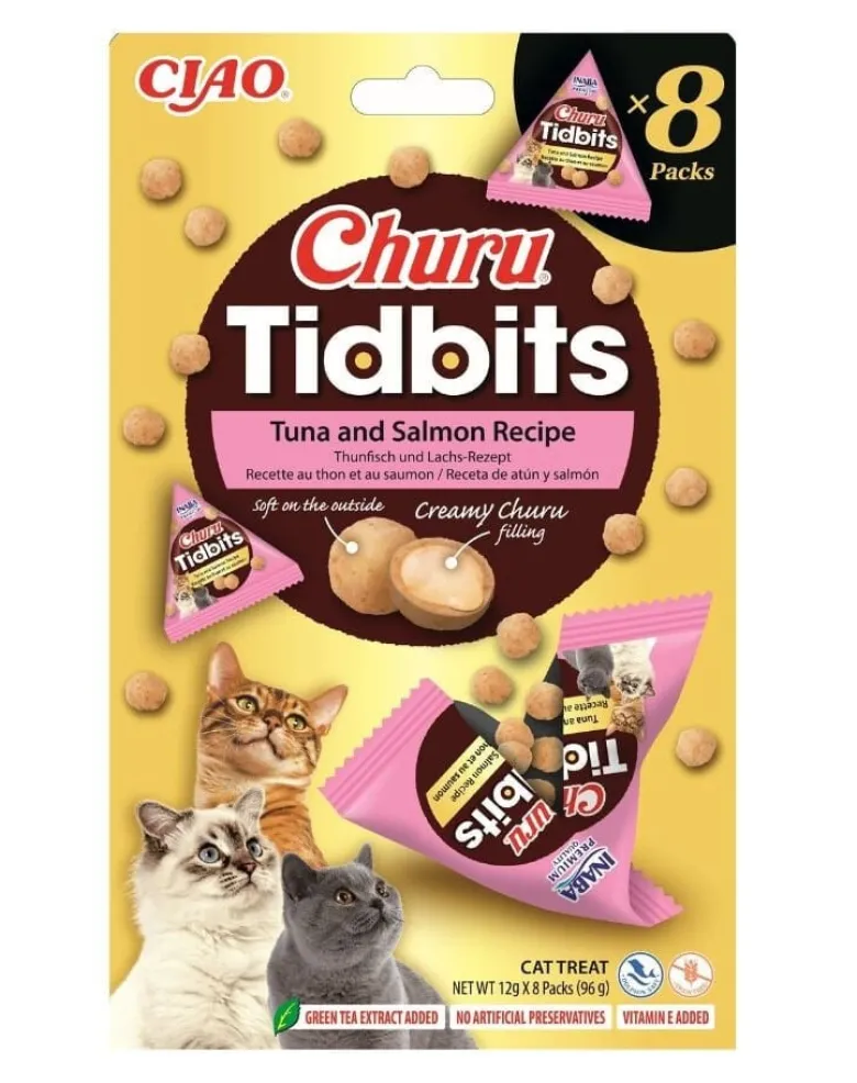 INABA Cat Churu Tidbits Tuna and Salmon Recipe 8x12g bocconcini morbidi e cremosi con tonno e salmone per gatti