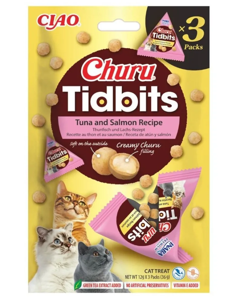 INABA Cat Churu Tidbits Tuna and Salmon Recipe 3x12g bocconcini morbidi e cremosi con tonno e salmone per gatti