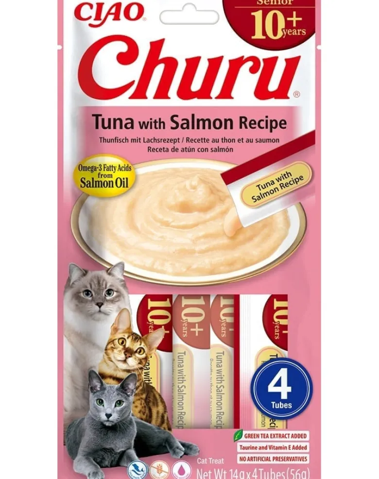 INABA Churu Cat Senior Tuna con Salmone 4x14g prelibatezza cremosa per gatti anziani al gusto di tonno e salmone