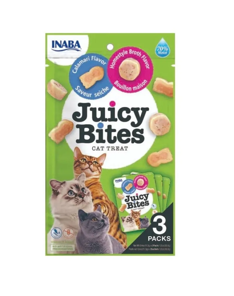 INABA Juicy Bites crocchette umidificate con brodo e calamari per gatti 33,9 g (3x11,3 g)