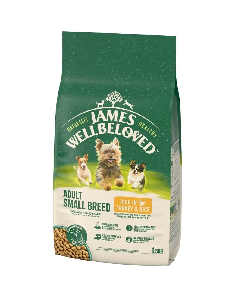 JAMES WELLBELOVED Adult 1,5 kg alimento secco completo per cani adulti di piccola taglia da 6 mesi a 10 anni ricco di tacchino e riso